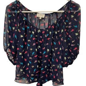 3/$15 Ember Sheer Navy Snail & Turtle Print Peasant Blouse XL